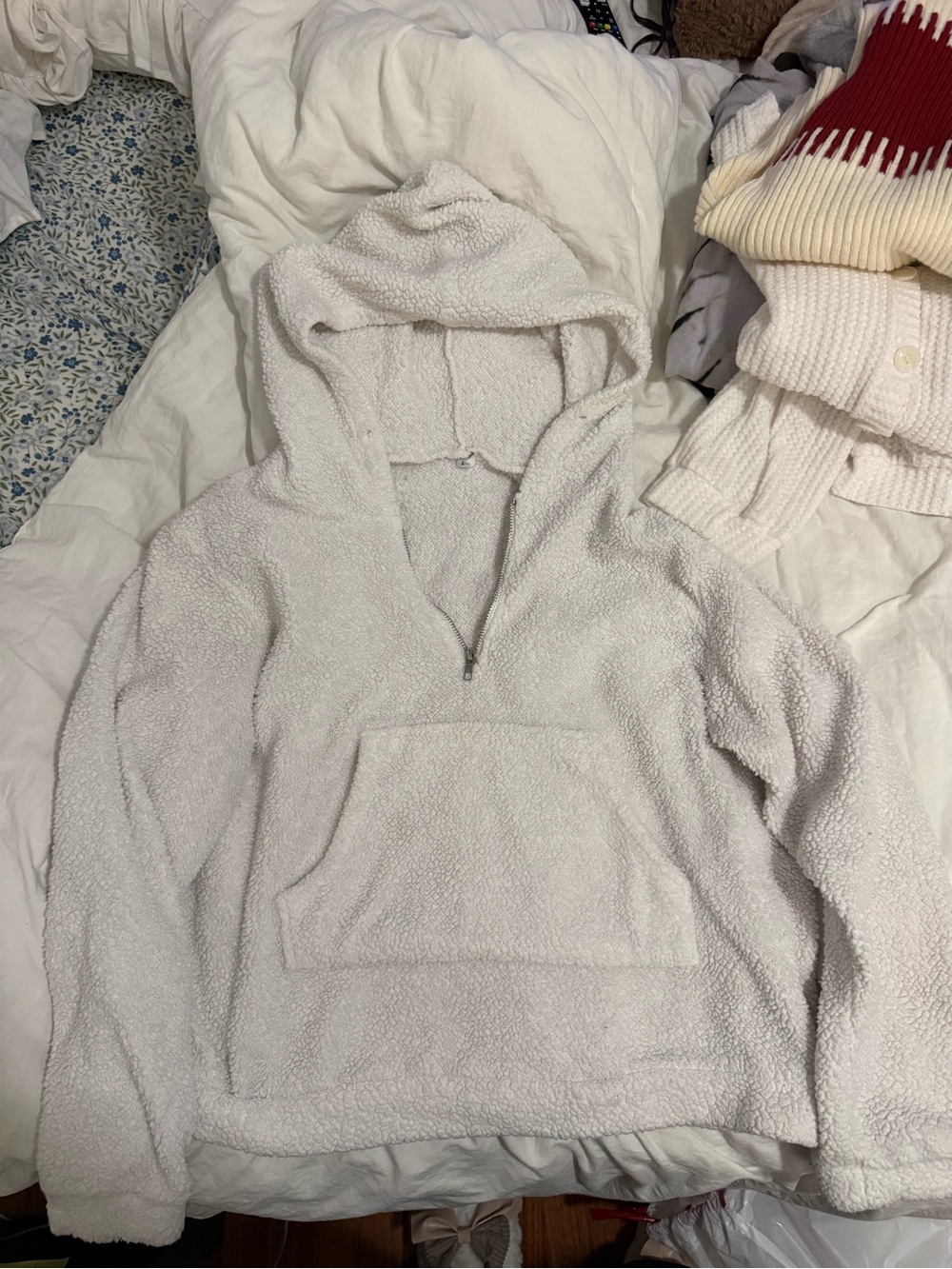 Plush Half-Zip Hooded Sherpa Pullover - Cream